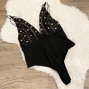 Free People RARE Bodysuit Teddy Sequin Mesh Whimsigoth Dark Fairycore Gatsby 20s